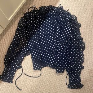 AQUA navy xs cold shoulder blouse floral detail tie top